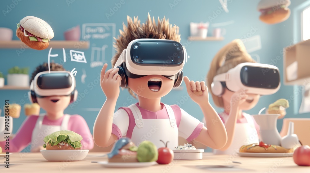 Poster immersive virtual reality classroom: students exploring 3d solar system in cartoon style, generative