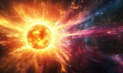 Fototapeta premium Digital art of a powerful sun in space, radiating intense light and energy. The scene is filled with vibrant colors and a sense of cosmic grandeur.