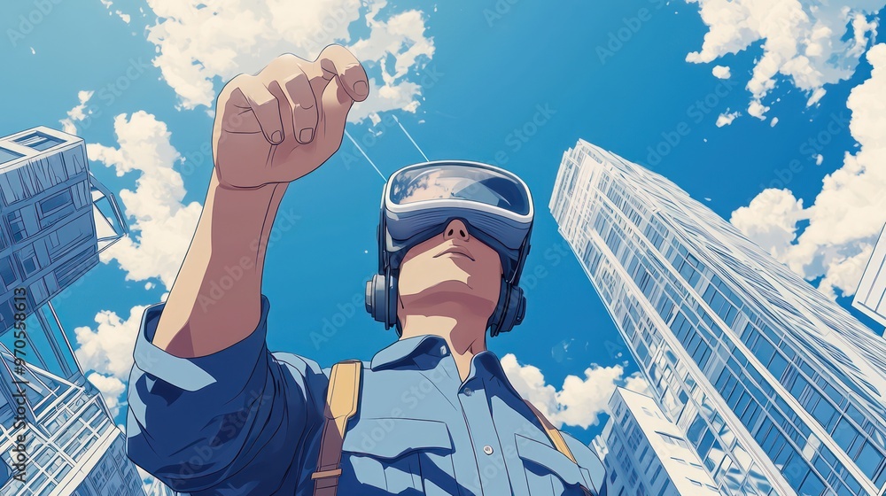 Aufkleber futuristic virtual architect designing cartoon style skyscraper in interactive 3d vr environment, ge