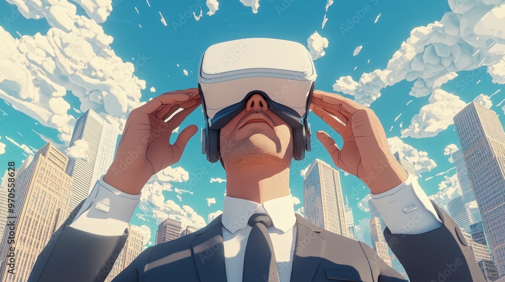 Poster futuristic virtual architect crafting skyscraper in 3d vr environment with cartoon style and high lu