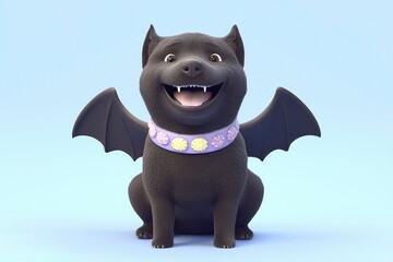 Fototapeta premium Cute Black Dog with Bat Wings and Candy Necklace