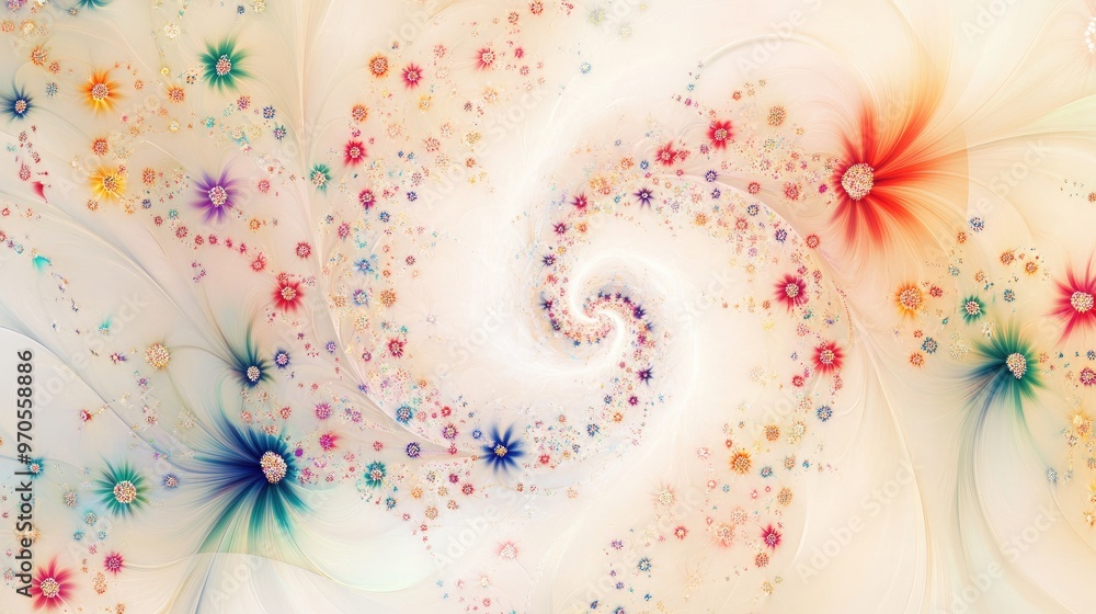 Poster intricate swirls of tiny colorful flowers, forming dynamic lines on a soft white-pastel background f