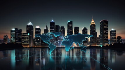 Global Cityscape: A Digital World Map Over Illuminated Skyscrapers