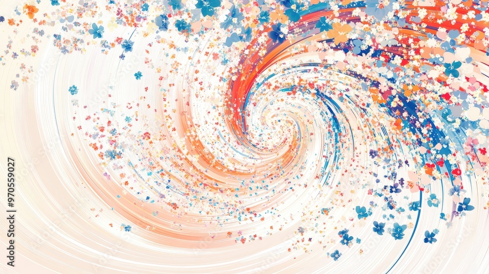 Poster intricate swirls of tiny colorful flowers, forming dynamic lines on a soft white-pastel background f