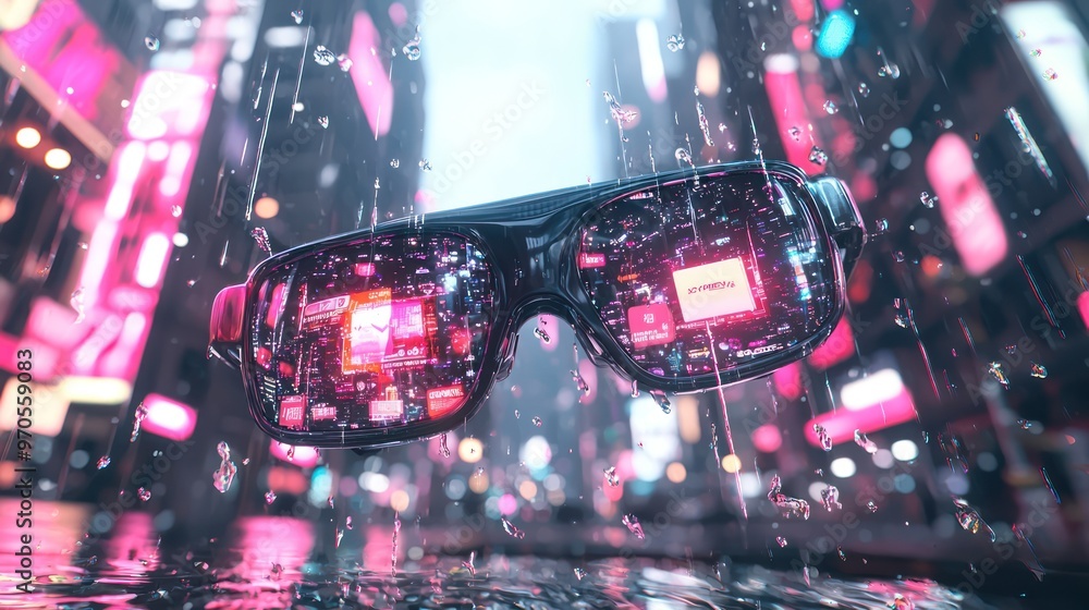 Poster futuristic cyberpunk cityscape in augmented reality glasses with glowing digital advertisements and 