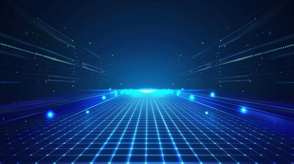 Wide-Angle View of Blue Technological Background with Glowing Lights and Grid Lines. High-Resolution Dark Blue Vector Illustration Featuring Futuristic Design Elements and Digital Connectivity Concept