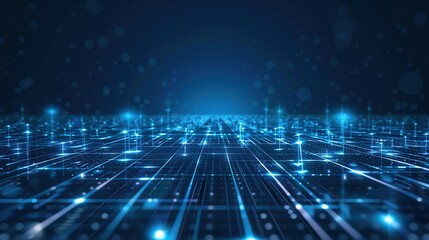 Wide-Angle View of Blue Technological Background with Glowing Lights and Grid Lines. High-Resolution Dark Blue Vector Illustration Featuring Futuristic Design Elements and Digital Connectivity Concept