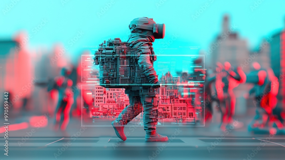 Poster exploring history in augmented reality: cartoon-style 3d person walking through cityscape with past 