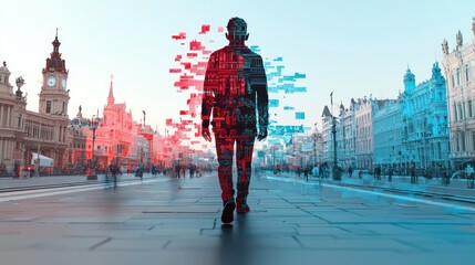 Obraz premium Time Travel in the City: AR Glasses Revealing Historical Events on Cartoon-Style Urban Architecture, Generative AI