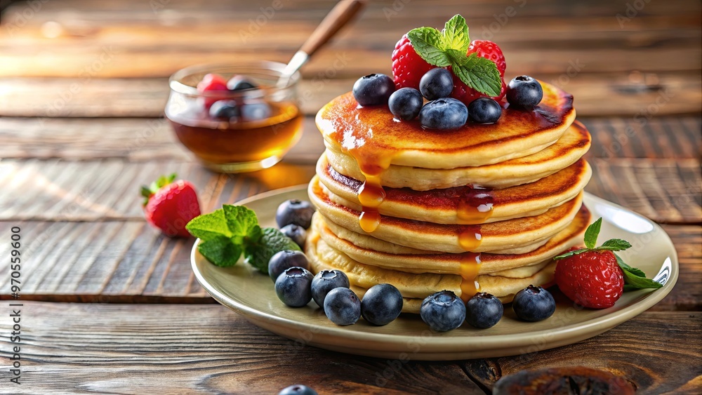 Wall mural Fluffy pancakes with maple syrup and fresh berries on a cozy wooden table