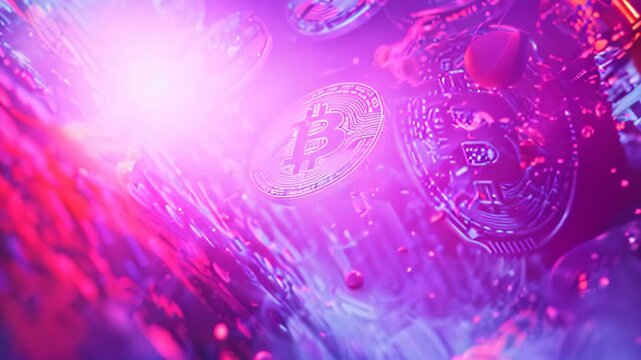 A vibrant, psychedelic artwork showcasing Bitcoin in a futuristic, digital setting, A psychedelic artwork illustrating the concept of tokenization in cryptocurrency