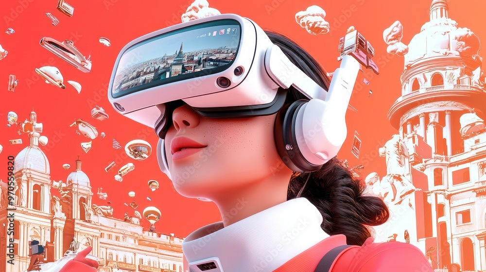 Poster exploring city landmarks with ar glasses - tourism technology in cartoon-style 3d with interactive m