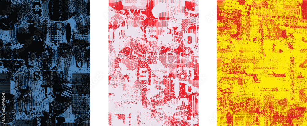 Poster Set of textures .Glitch distorted grungy backgrounds . Cyber punk collection of textures with halftone dots, glitched shapes, textures and lines .Screen print vector backgrounds