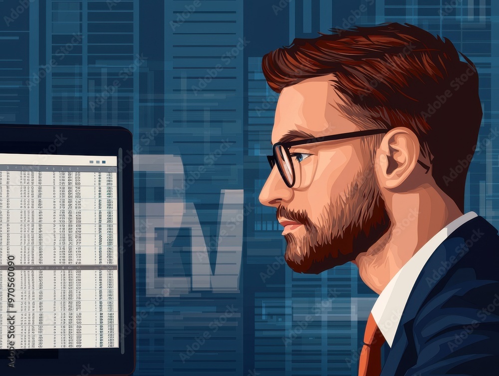 Poster professional businessman analyzing data on a computer screen, showcasing focus and concentration in 