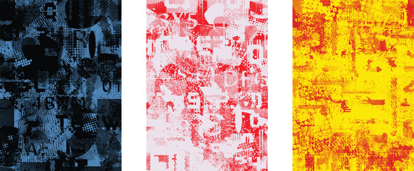 Set of textures .Glitch distorted grungy backgrounds . Cyber punk collection of textures with halftone dots, glitched shapes, textures and lines .Screen print vector backgrounds