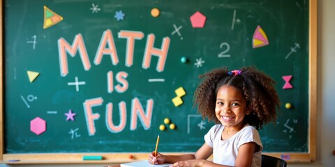 Joyful African American Student Writing Notes in Classroom with Colorful 'Math is Fun' Message