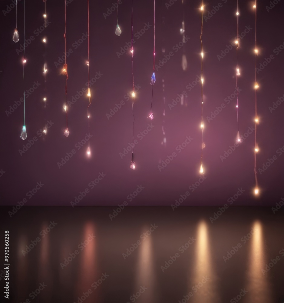 Poster A row of multicolored lights, resembling a string of fireflies, hangs from the ceiling, casting a warm glow on the dark background below.