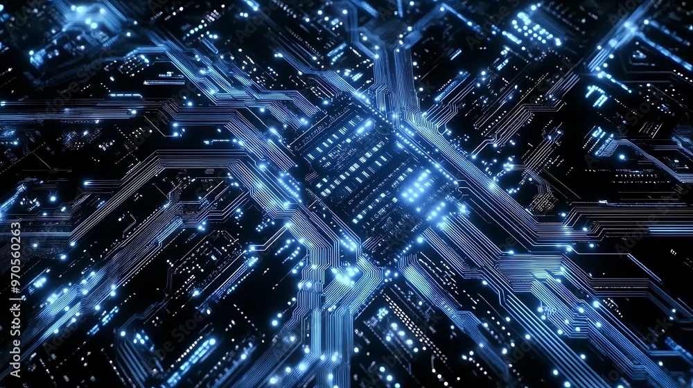 Poster glowing blue circuit board with central processor