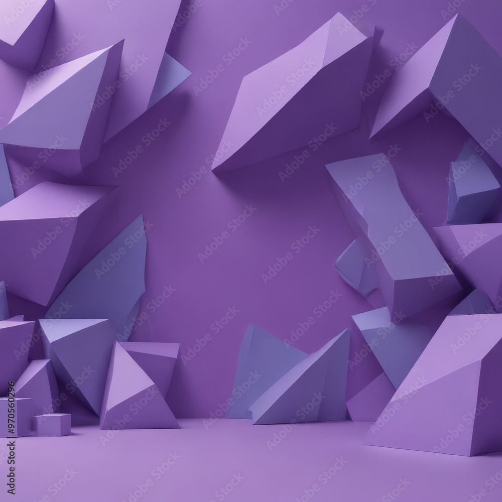 Poster The image presents a 3D of a purple geometric pattern composed of various triangular and rectangular shapes, arranged in a chaotic yet visually striking manner.