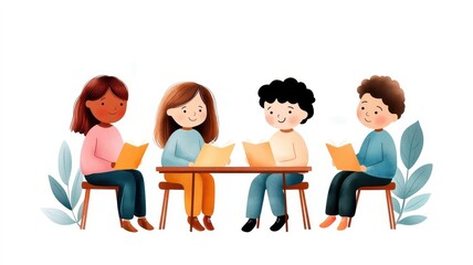 Obraz premium A classroom scene with diverse students learning together, watercolor style, pastel colors, isolated on white background