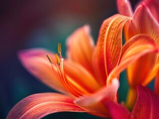 Fototapeta premium A close-up view of vibrant orange and pink lily petals, showcasing intricate details and textures.