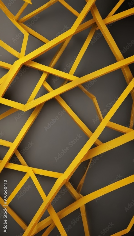 Poster a complex arrangement of intersecting yellow lines against a dark gray background, creating a visually striking abstract pattern.