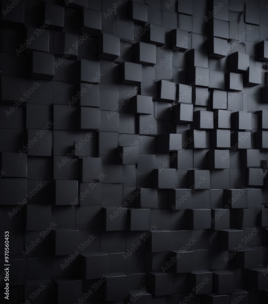 Aufkleber A 3D of a dark, abstract wall composed of numerous black cubes arranged in a grid-like pattern, creating a sense of depth and texture.
