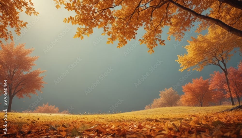 Poster a serene autumn landscape features a field of fallen leaves, a cluster of trees with orange and yell