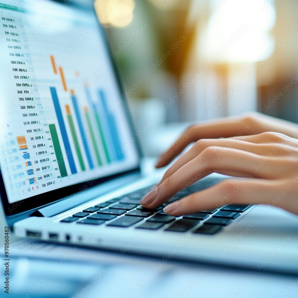 Poster close-up of a person's hands typing on a laptop, analyzing data with colorful graphs on the screen i