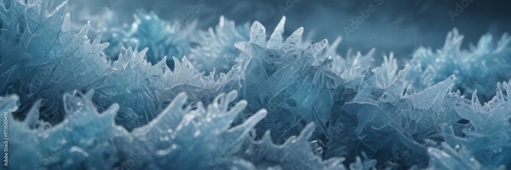Poster a close-up view of a frozen, icy surface with intricate, jagged formations that resemble a field of 