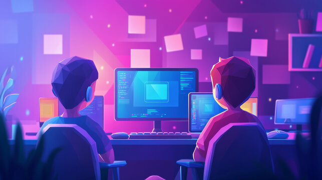 Children are learning to code and program at an online IT school. They can take engineering courses online and learn skills like game development, robotics, and coding.low poly vector illustration.