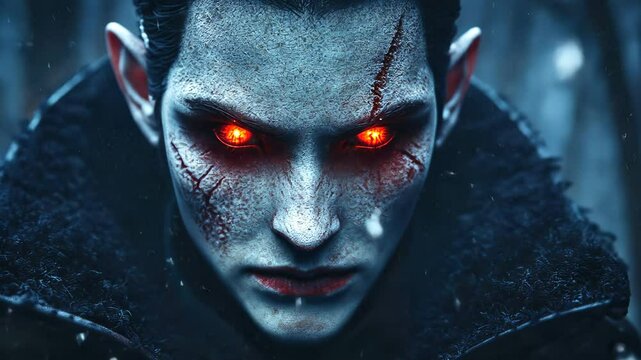 Sinister vampire with blood-red eyes. Halloween colors with a moody fantasy atmosphere.