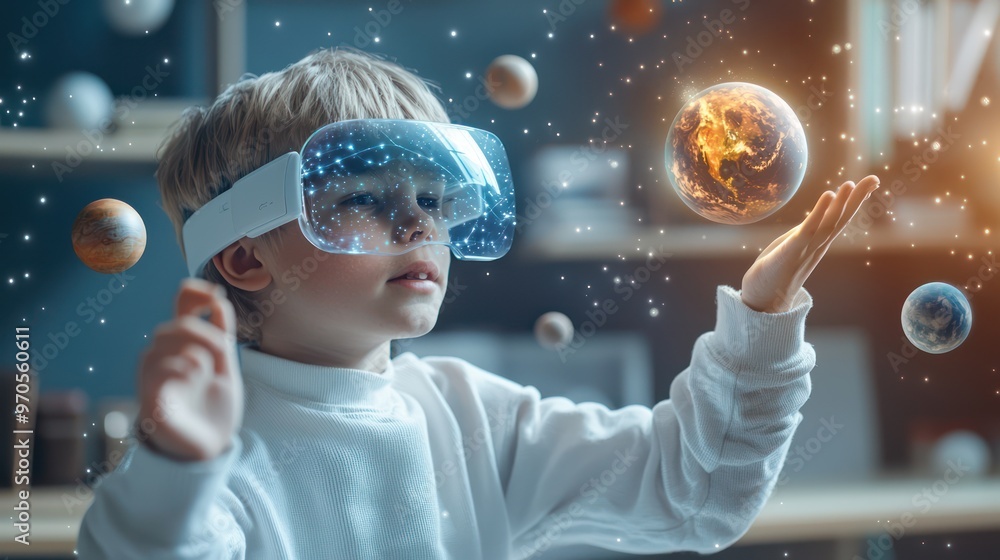 Poster cartoon-style 3d futuristic classroom: students using ar glasses for interactive learning with holog