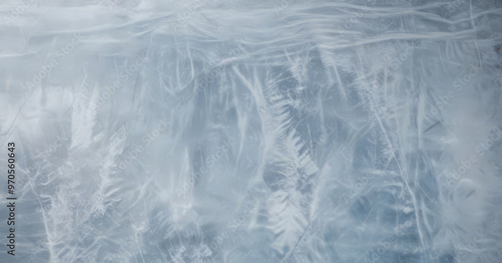 Poster a close-up view of a textured surface, possibly ice or a frozen water body, with intricate patterns and lines that resemble the natural formations of snowflakes or frost.
