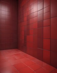 a room with a red tile floor and walls, creating a visually striking and geometric interior design.