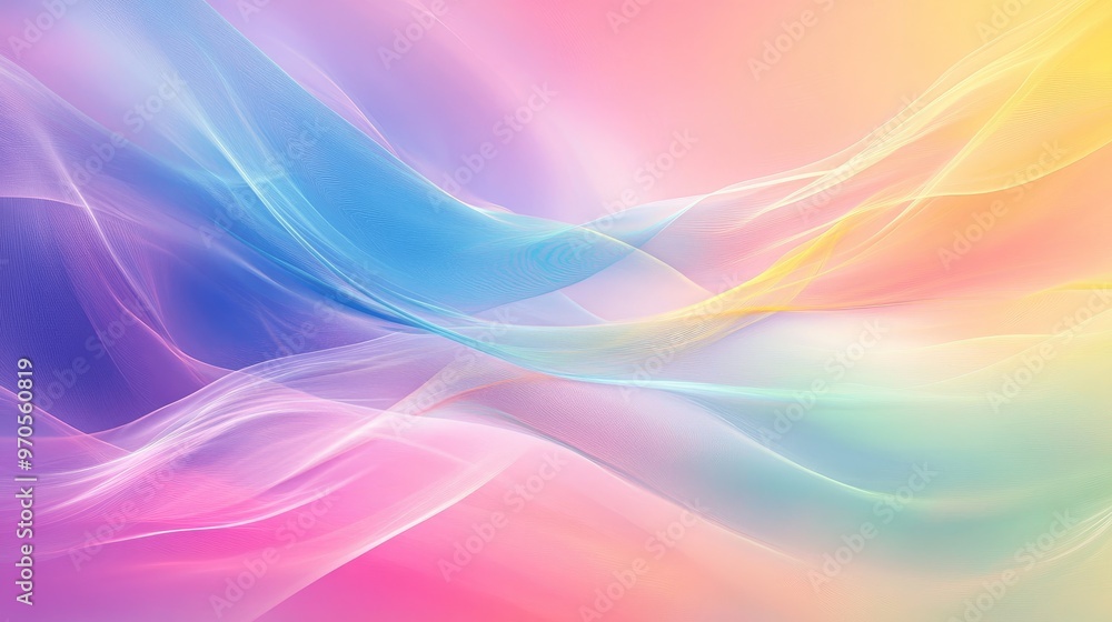 Poster swirling lines of rainbow colors flowing elegantly on a soft pastel background, creating a dynamic a