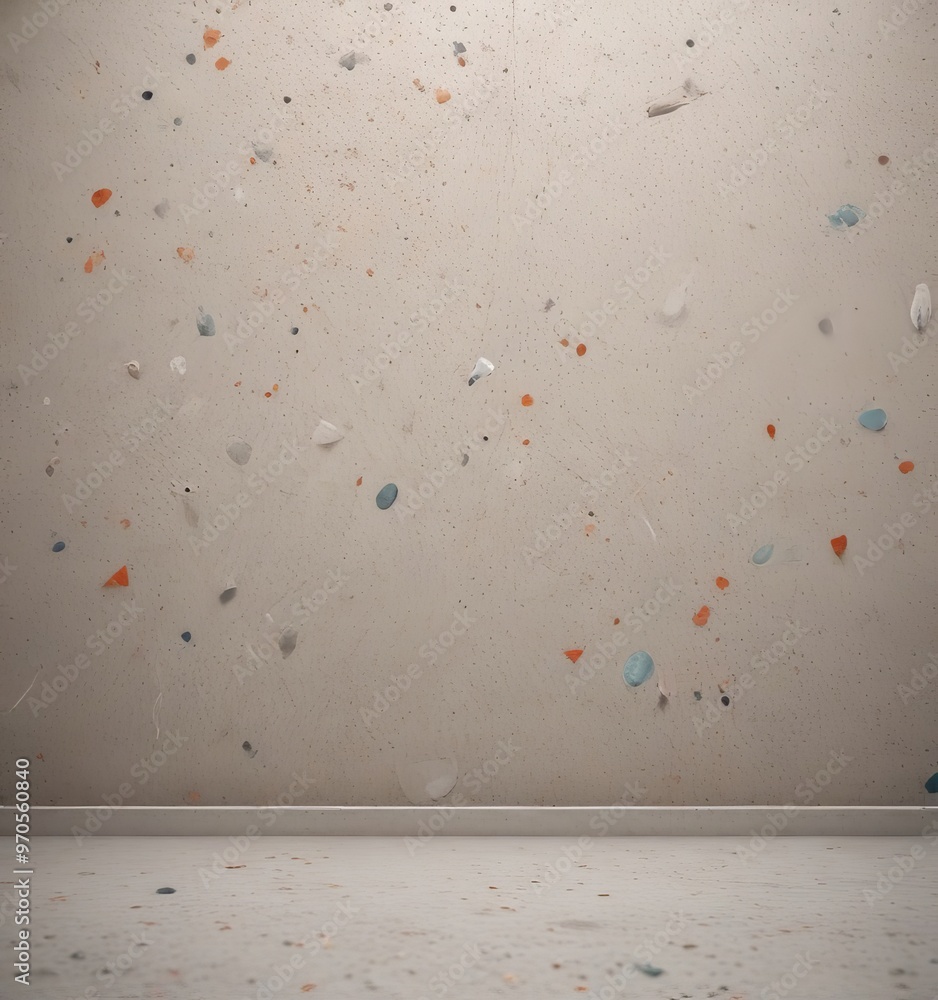 Poster a textured wall with a variety of small, colorful objects scattered across it, creating a visually interesting and abstract pattern.