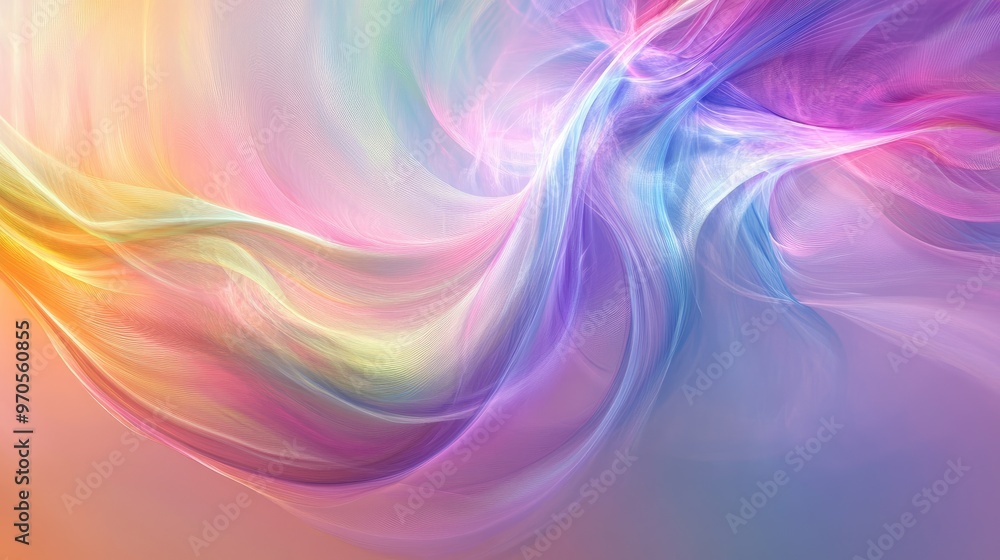 Poster swirling lines of rainbow colors flowing elegantly on a soft pastel background, creating a dynamic a