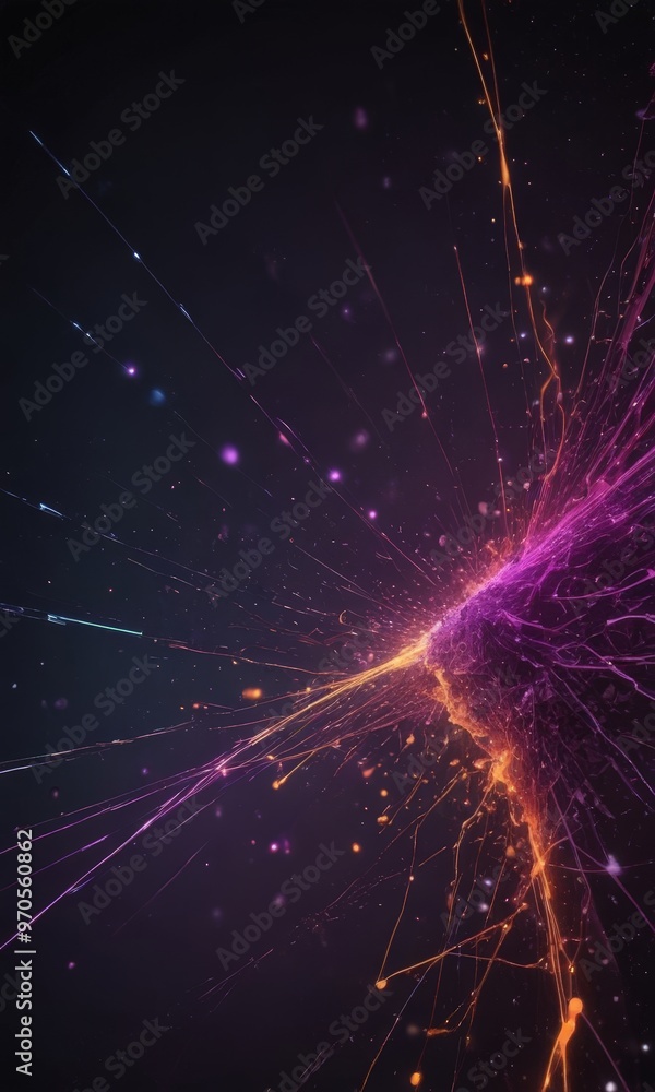 Poster a vibrant, abstract digital artwork featuring a dynamic explosion of light and color, with a central burst of purple and orange hues radiating outwards in a radial pattern.