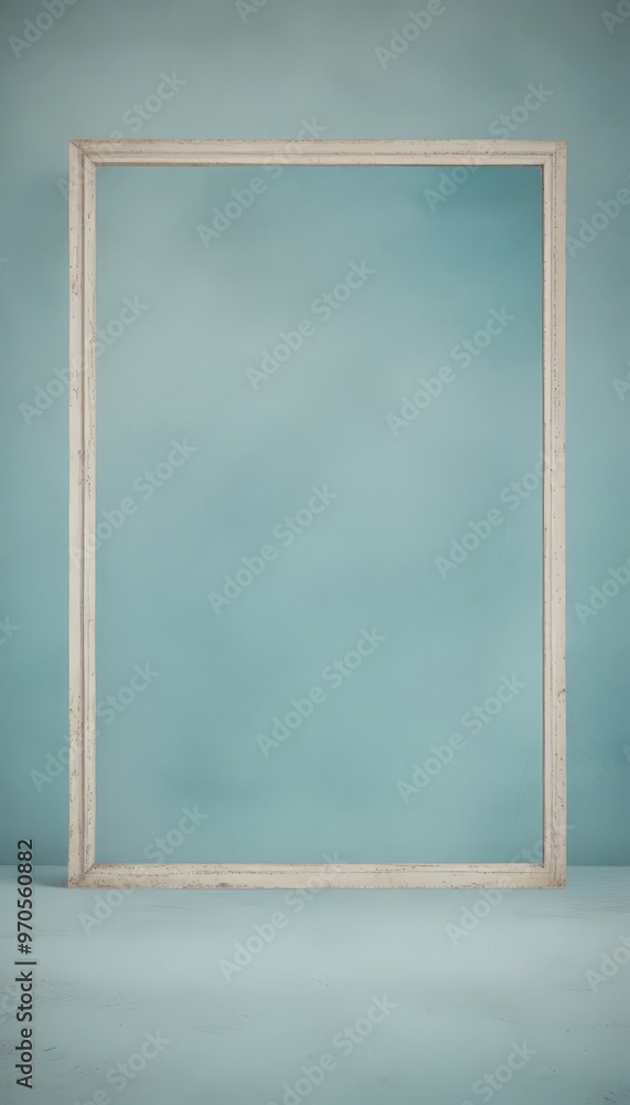 Poster a white wooden frame stands against a light blue background, creating a minimalist and serene visual