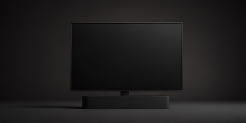 Fototapeta premium A black flat screen TV is centered on a black stand against a dark background.