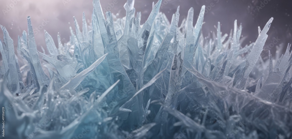 Poster a close-up view of a field of ice crystals, with the ice's intricate and jagged structures clearly visible against a dark background.