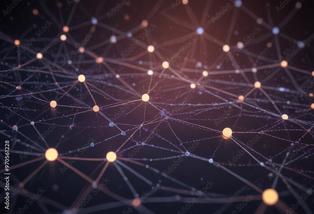 Poster a complex network of interconnected lines and dots, resembling a digital or technological system. The lines and dots vary in size and color, creating a dynamic and