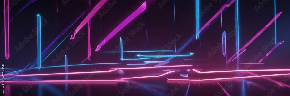 Poster a futuristic, neon-lit environment with a dark background and a reflective surface. The neon lights are arranged in a diagonal pattern, creating a sense of movement and