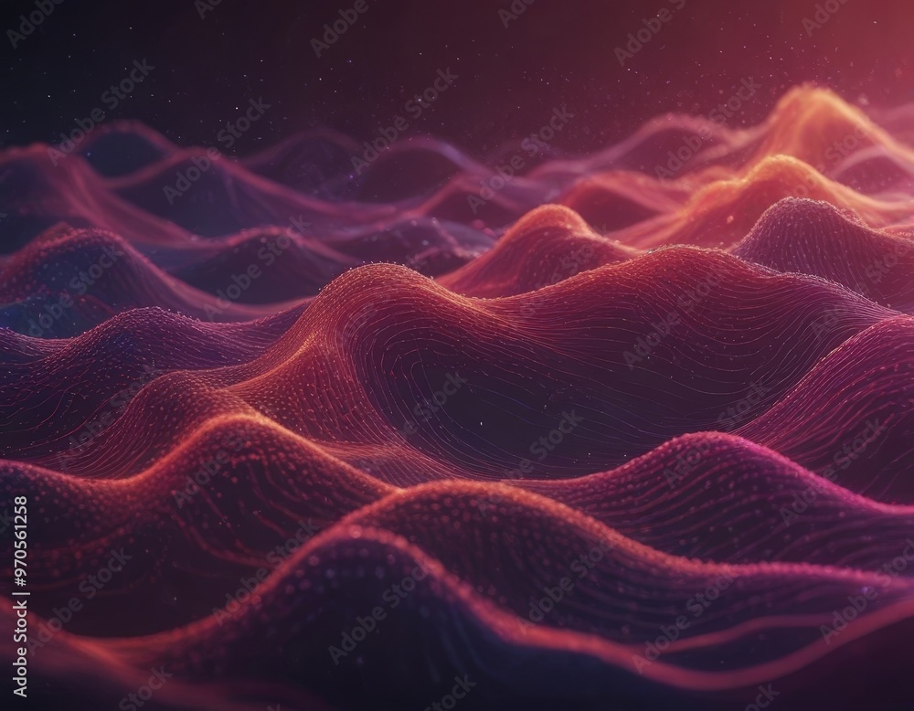 Fototapete a digital art piece featuring a wave-like pattern composed of lines and dots in shades of red, orang
