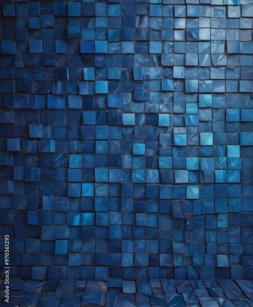 Poster a close-up view of a blue mosaic wall composed of small square tiles arranged in a grid-like pattern.