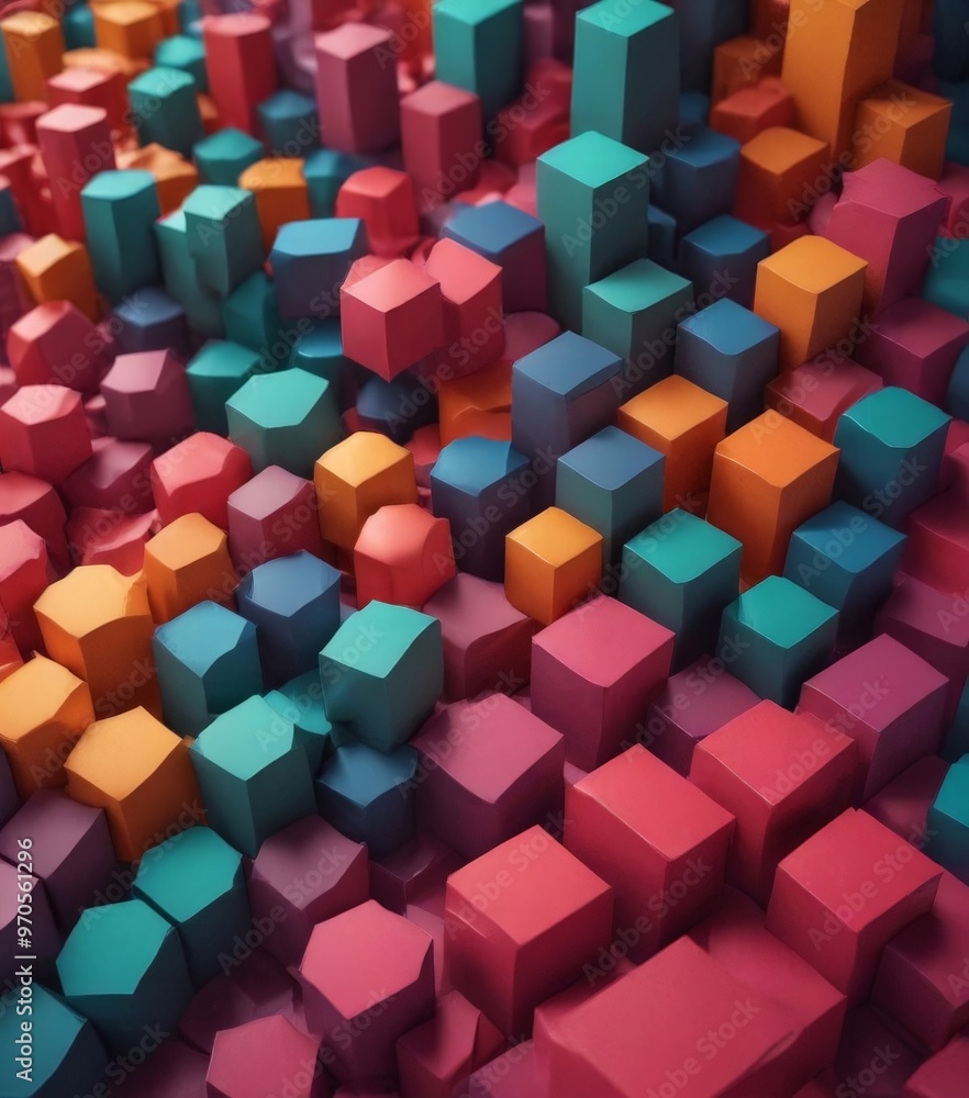 Aufkleber a vibrant 3d of a geometric pattern composed of numerous cubes in various colors, including red, ora