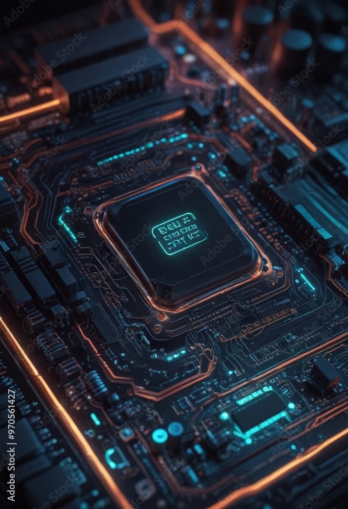 Aufkleber a close-up view of a computer chip with a green LED display, surrounded by a complex network of orange and black electronic components.