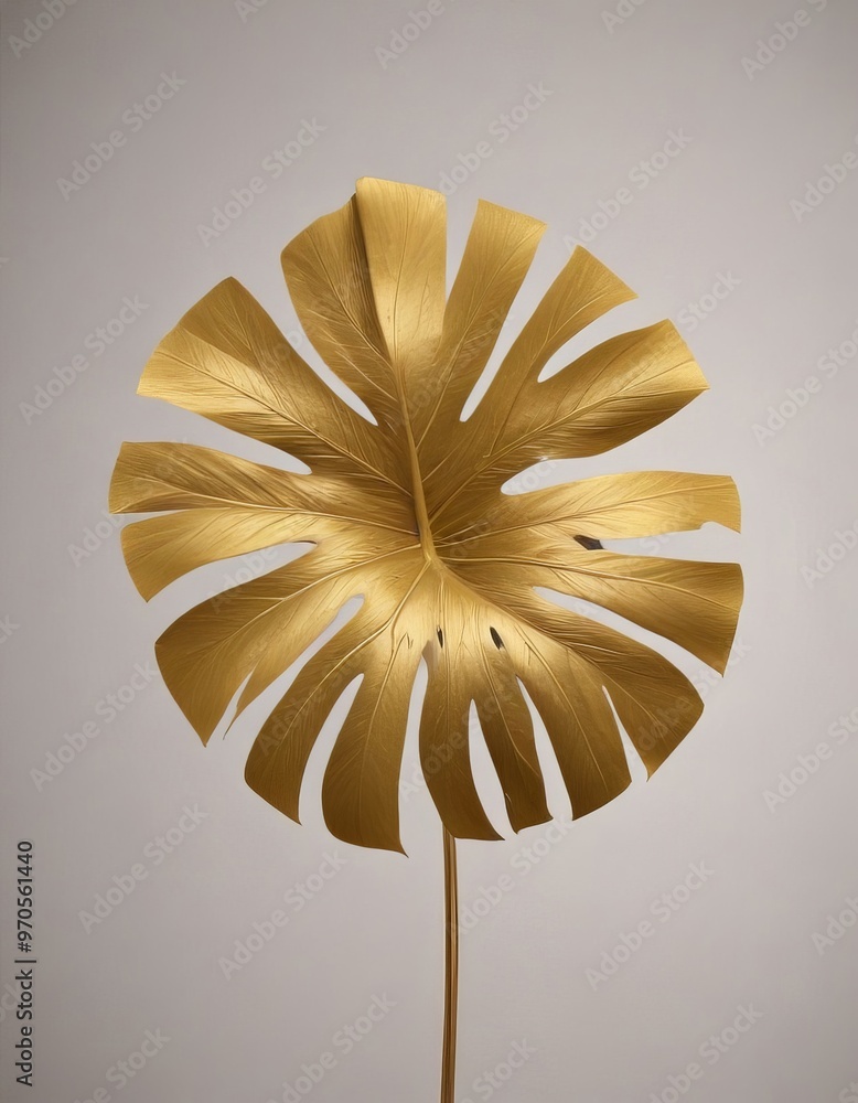 Poster a golden leaf with a central stem is displayed against a light gray background.