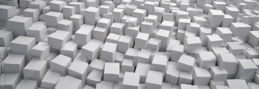 Poster A densely packed array of white cubes, varying in size and orientation, creates a visually striking and abstract pattern.